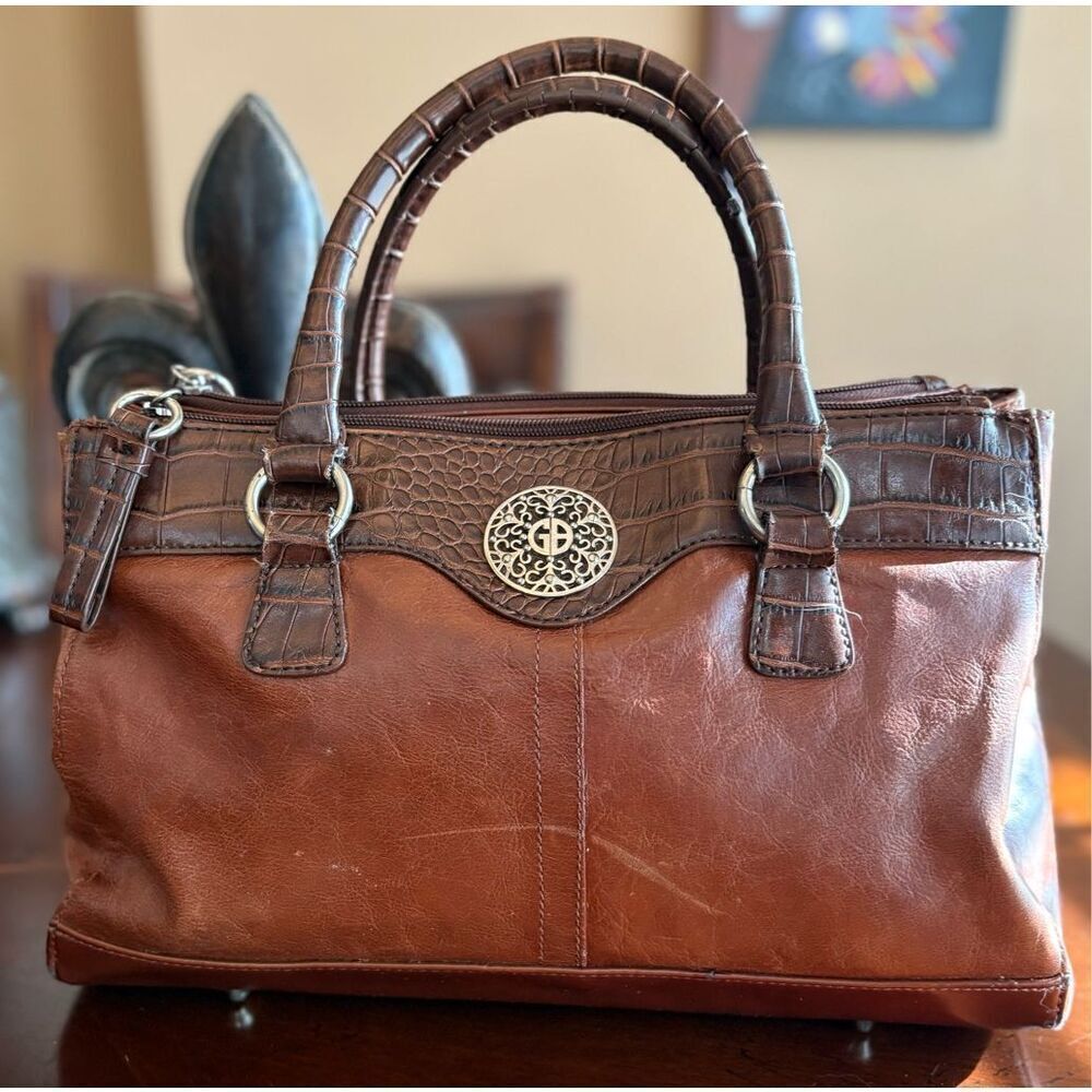 GIANI BERNINI - Double Zip Glazed Leather Satchel/Espresso w/Faux Leather Trim - Picture 5 of 16